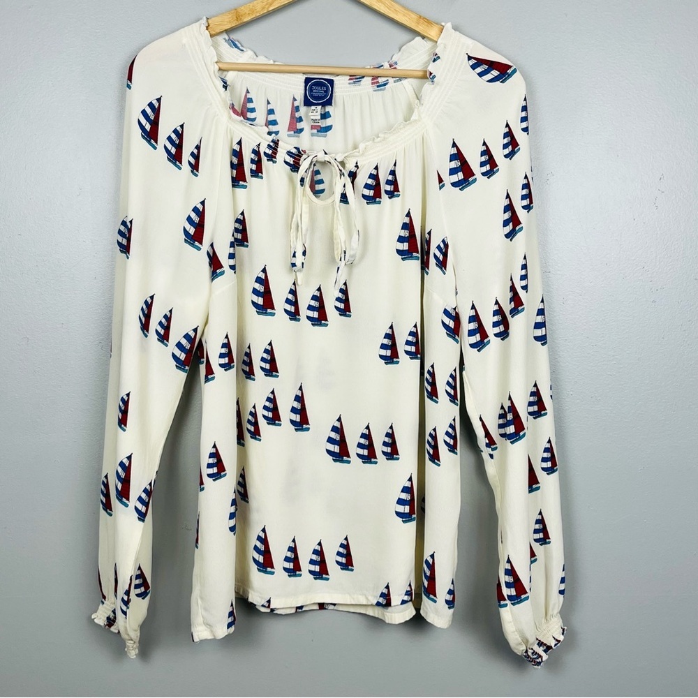 Joules O Joely Boating sailboat viscose tie neck smocked trim blouse, US 10.